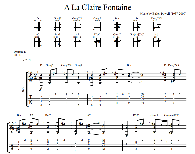 Baden Powell - A La Claire Fontaine sheet music for guitar TAB